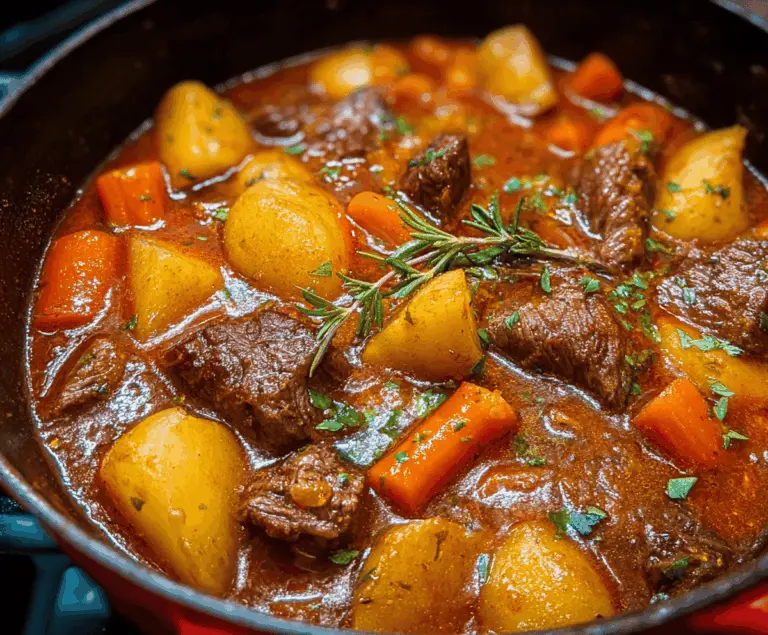 Delicious homemade beef stew with tender beef chunks, carrots, potatoes, and vegetables in a savory broth served in a rustic bowl