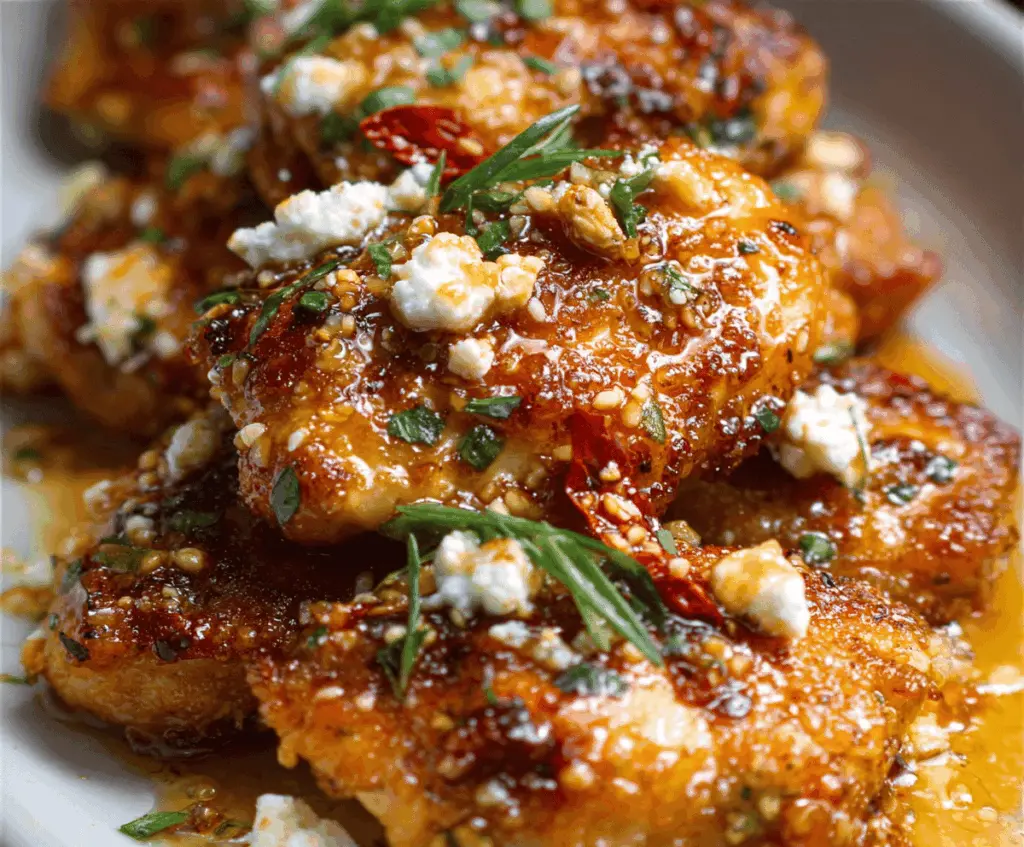 Creamy feta chicken topped with spicy honey drizzle, garnished with fresh herbs, served on a plate for a flavorful Hot Honey Feta Chicken dish.