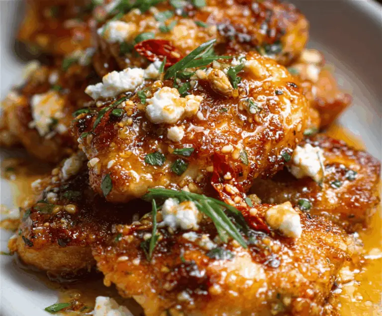 Creamy feta chicken topped with spicy honey drizzle, garnished with fresh herbs, served on a plate for a flavorful Hot Honey Feta Chicken dish.