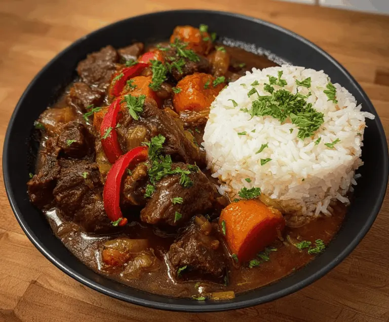 Delicious Jamaican Beef Stew served with fluffy rice, featuring tender beef chunks, flavorful spices, and vibrant vegetables in a rich sauce.