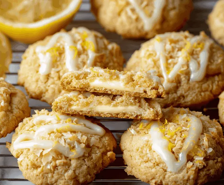 Delicious Lemon Coconut Cheesecake Cookies with a golden crust, creamy lemon filling, and shredded coconut topping on a white plate