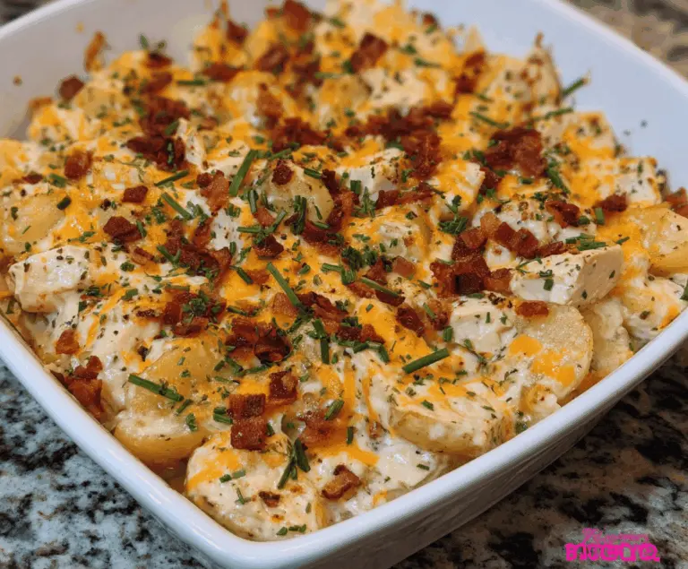 Creamy loaded potato ranch chicken casserole with melted cheese, crispy bacon, and fresh green onions topped with sour cream, served in a baking dish.