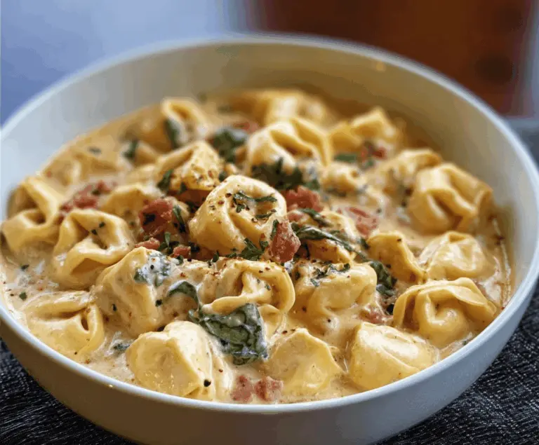 Creamy Marry Me Tortellini dish featuring cheesy tortellini pasta topped with fresh herbs and a rich, flavorful sauce on a white plate.