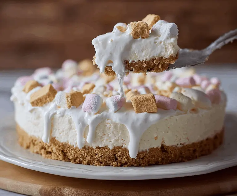 Delicious marshmallow cheesecake topped with fluffy marshmallows and creamy cheesecake filling on a decorative plate