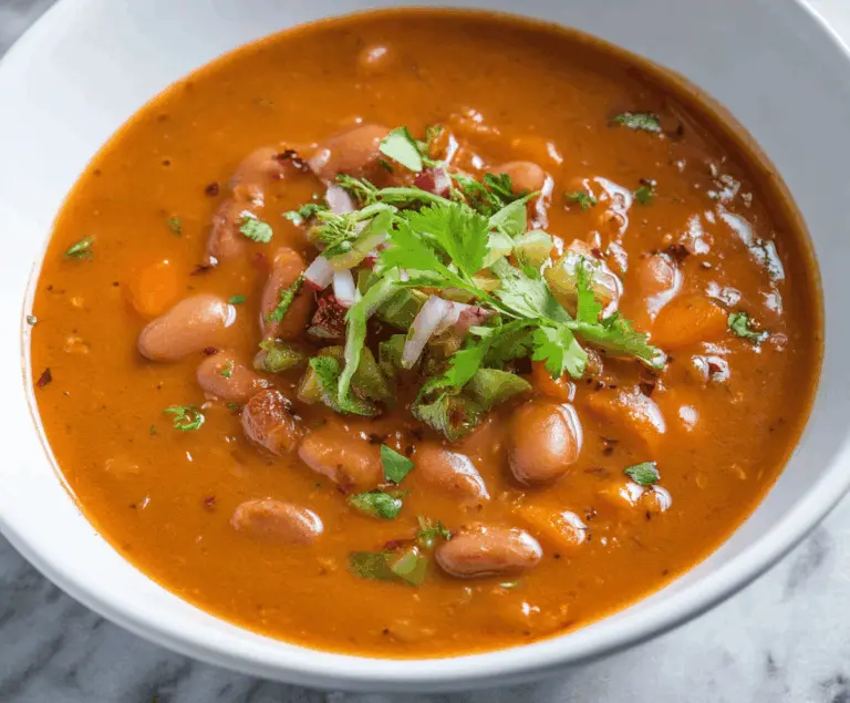 A bowl of hearty Mexican Pinto Bean Soup garnished with fresh cilantro, chopped onions, and lime wedges, served with warm tortillas on a rustic wooden table.