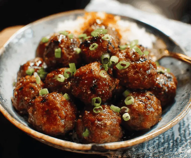 Delicious Mongolian Meatballs served with scallions and savory sauce on a white plate