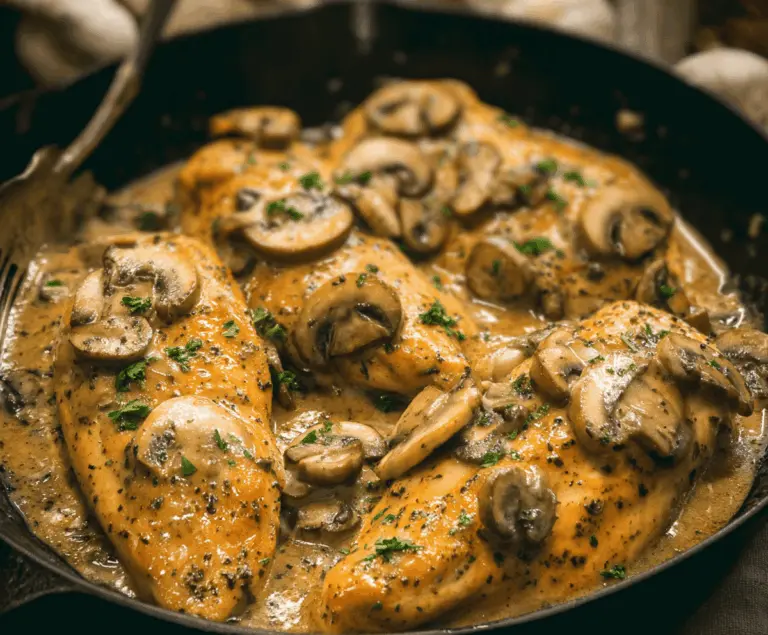 Delicious cooked mushroom chicken served on a plate, featuring tender chicken breasts topped with sautéed mushrooms and fresh herbs, perfect for a flavorful dinner.