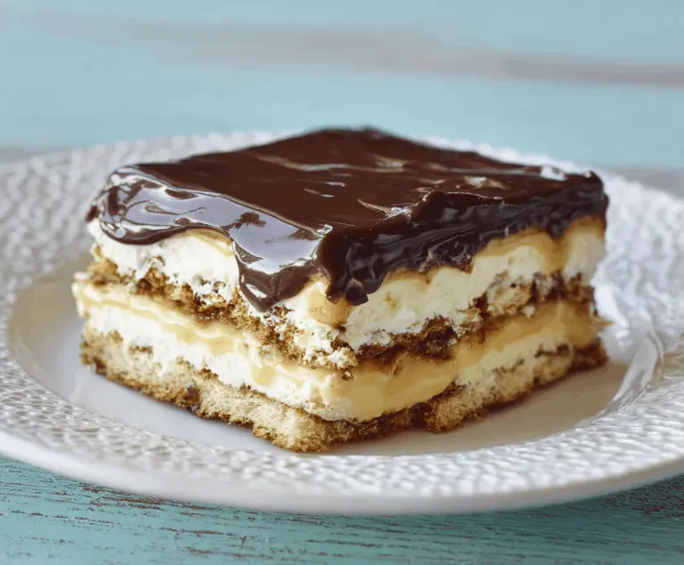 Delicious No-Bake Eclair Cake with creamy filling and chocolate topping, perfect for easy dessert gatherings