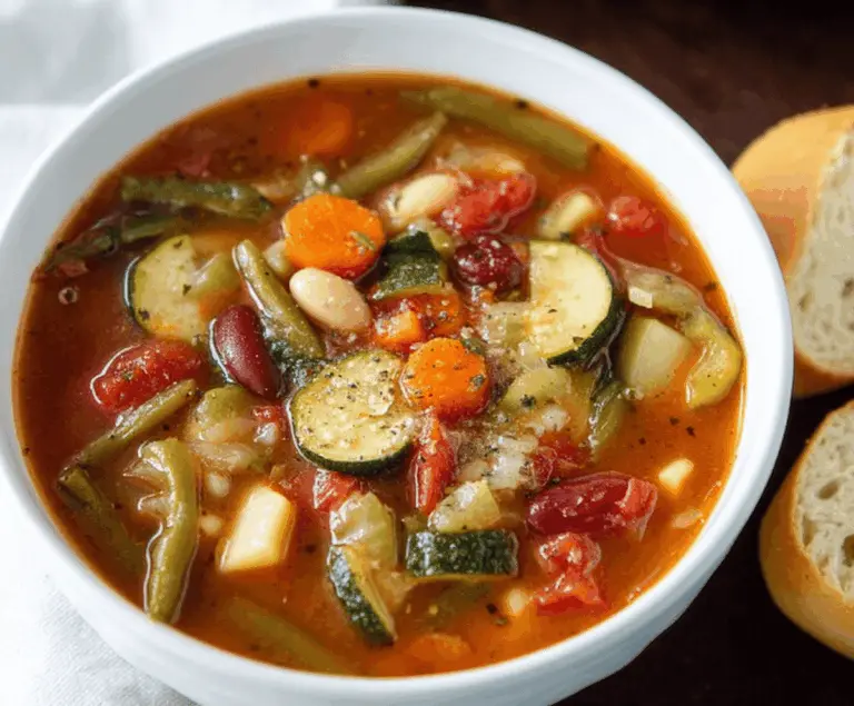 A bowl of fresh Olive Garden-style vegetable soup with colorful chopped vegetables and herbs, served in a white bowl on a rustic wooden table.