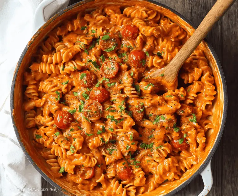 Creamy tomato pasta cooked in one pot, garnished with fresh basil and Parmesan cheese, served in a white bowl.