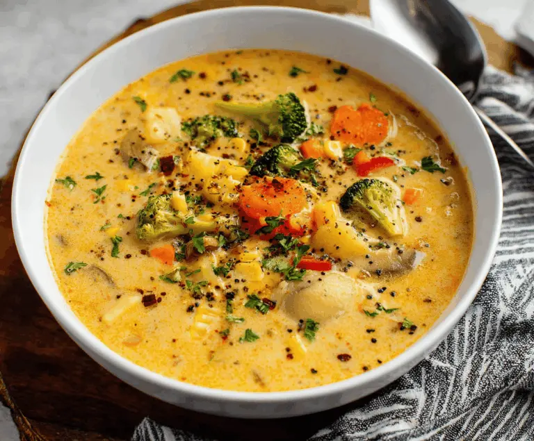 A steaming bowl of One Pot Creamy Vegetable Soup topped with fresh herbs and colorful vegetables, served in a rustic bowl on a wooden table.