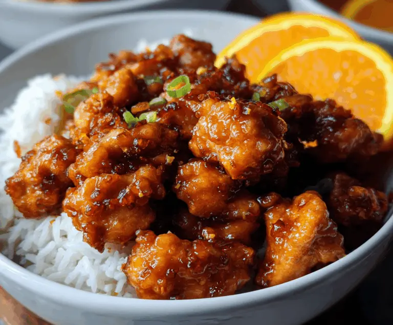 Delicious homemade orange chicken with crispy battered chicken pieces coated in tangy orange sauce, garnished with sliced oranges and green onions on a white plate.