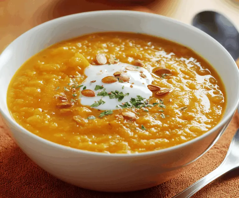 Creamy pumpkin curry soup garnished with fresh herbs in a bowl, perfect for cozy autumn meals.