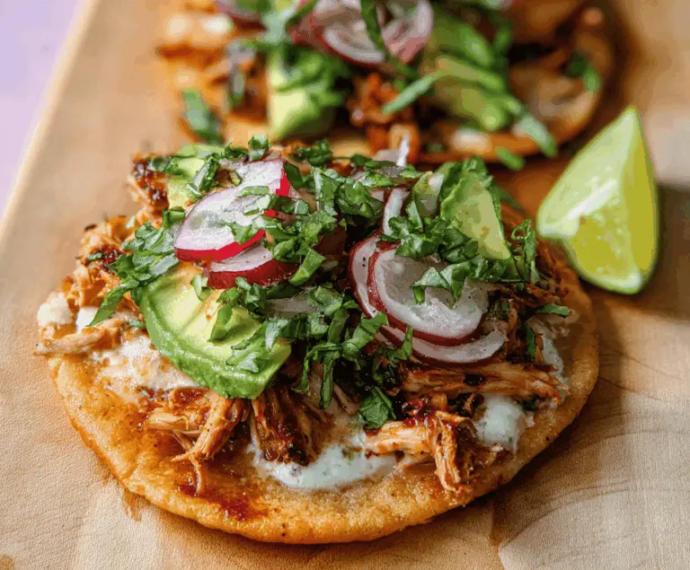 Delicious rotisserie chicken tostadas topped with fresh vegetables and cheese on a plate ready to serve