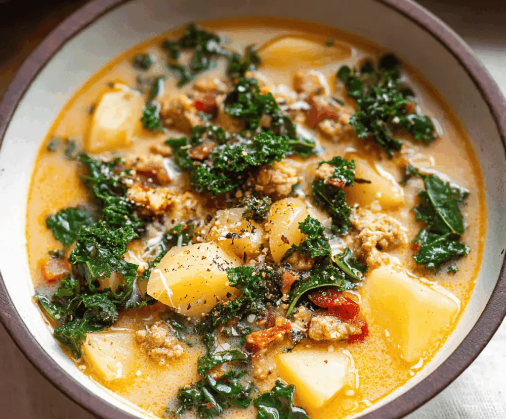 A bowl of hearty sausage, potato, and kale soup garnished with fresh herbs, served with crusty bread on the side.