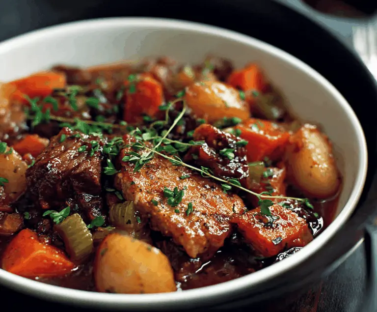 Hearty Scottish Beef Stew with tender beef chunks, carrots, potatoes, and herbs served in a rustic bowl