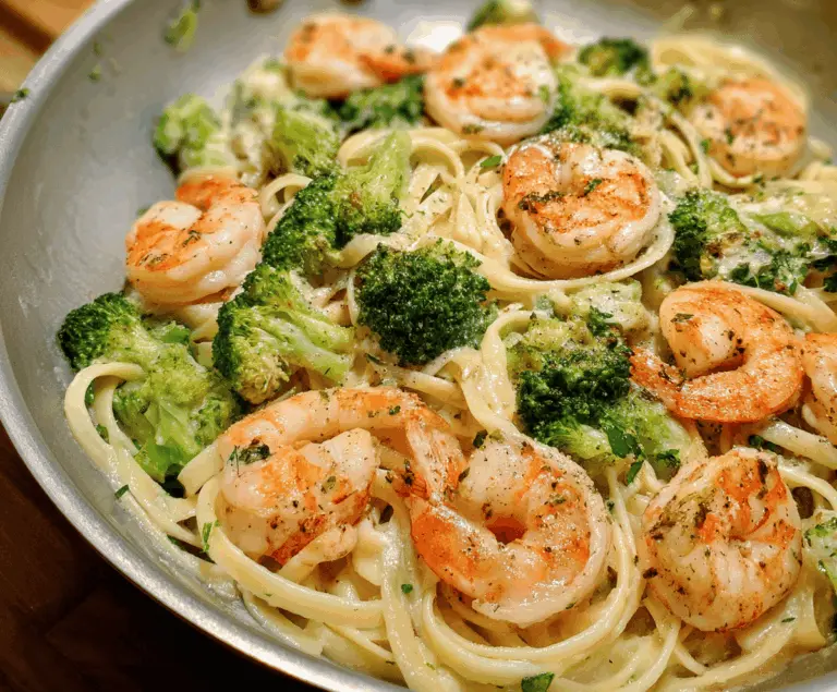 Delicious shrimp and broccoli Alfredo pasta dish served on a white plate with creamy sauce and fresh herbs