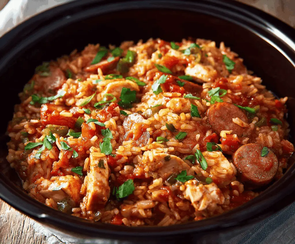Creamy slow cooker chicken jambalaya with tender chicken, colorful bell peppers, sausage, and seasoned rice served in a hearty bowl