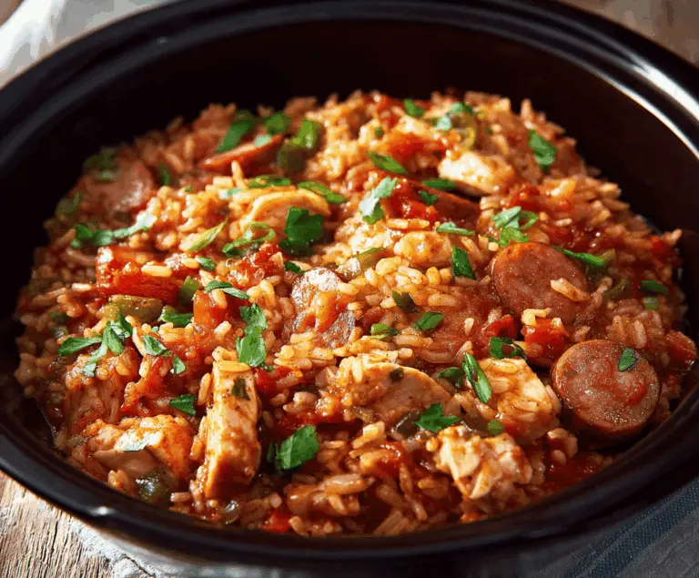 Creamy slow cooker chicken jambalaya with tender chicken, colorful bell peppers, sausage, and seasoned rice served in a hearty bowl