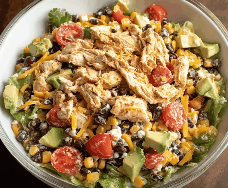 Colorful Southwest Chicken Salad with grilled chicken, corn, black beans, cherry tomatoes, avocado slices, and fresh cilantro on a vibrant plate