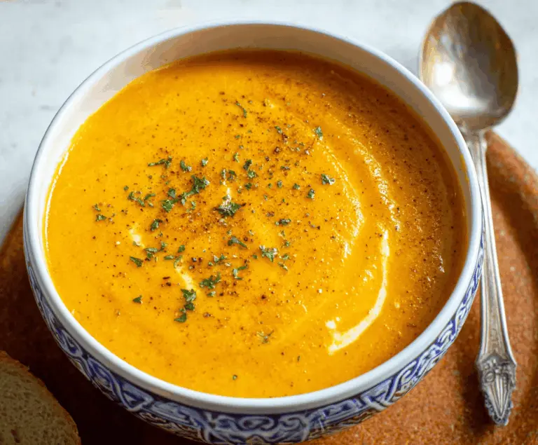A bowl of vibrant spiced carrot ginger soup garnished with fresh herbs and a drizzle of cream, served with bread on a rustic wooden table.