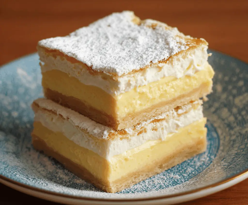 Delicious vanilla custard cream squares topped with a smooth vanilla glaze and garnished with a cherry on top, perfect for dessert or tea time