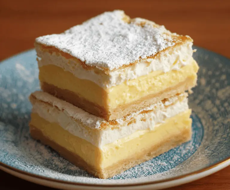 Delicious vanilla custard cream squares topped with a smooth vanilla glaze and garnished with a cherry on top, perfect for dessert or tea time