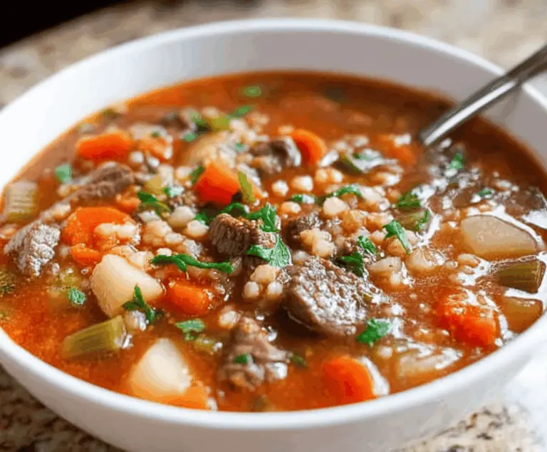Hearty vegetable beef soup with tender beef chunks, colorful vegetables, and aromatic herbs in a rustic bowl.