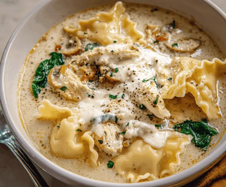 Creamy white lasagna soup with ricotta, spinach, and mozzarella topped with fresh basil in a bowl