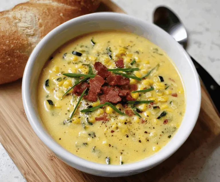 Creamy zucchini corn chowder in a bowl topped with fresh herbs and served with crusty bread, perfect for a comforting summer meal.
