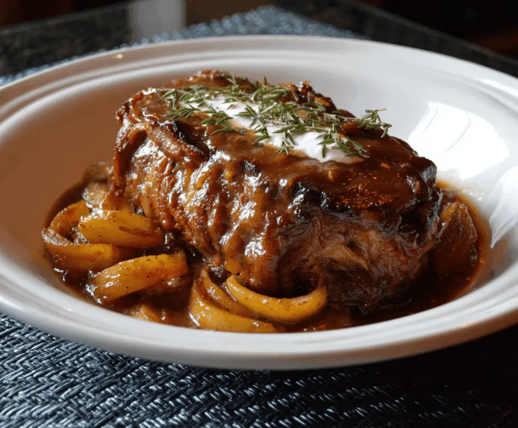 Tender pork shoulder braised in flavorful apple cider with caramelized onions and herbs, served as a comforting, juicy main dish