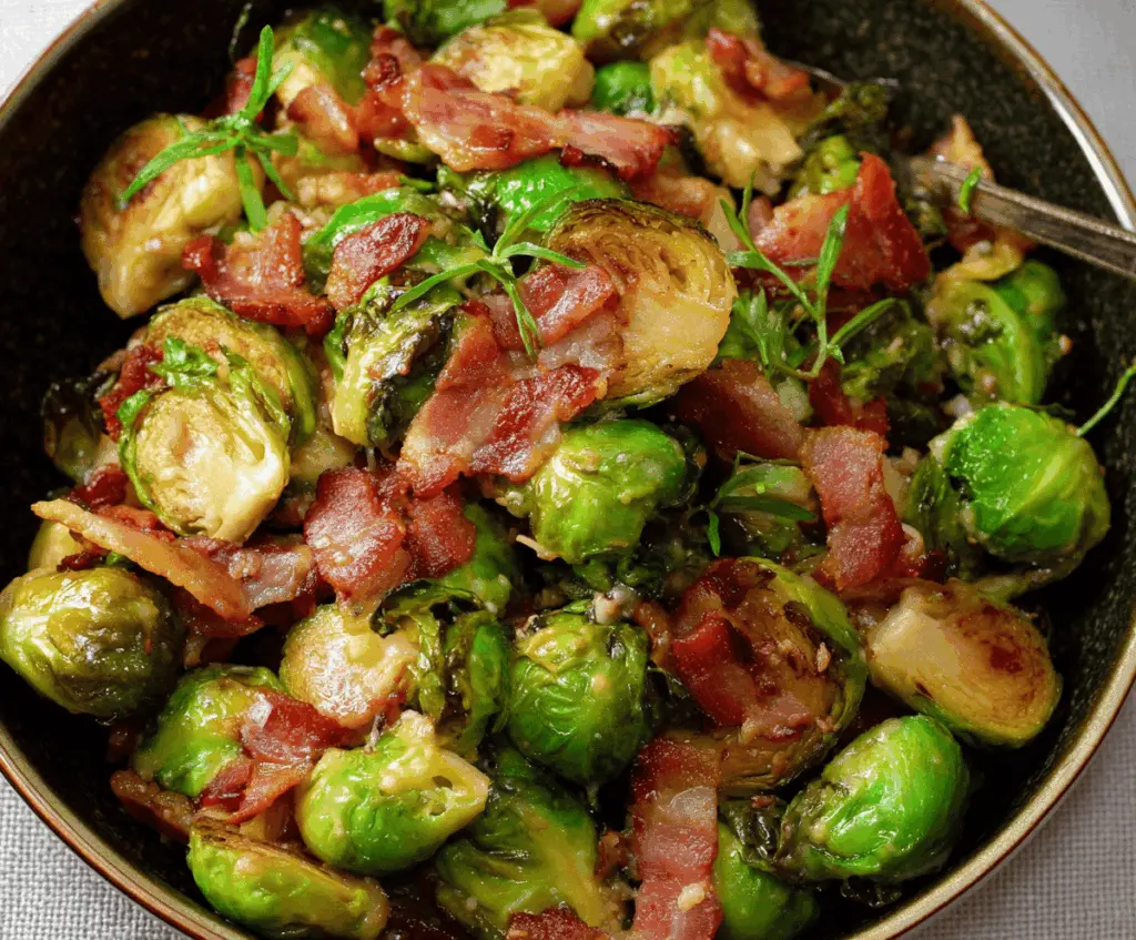 Crispy bacon-wrapped Brussels sprouts roasted to perfection, seasoned with herbs and served as a savory side dish
