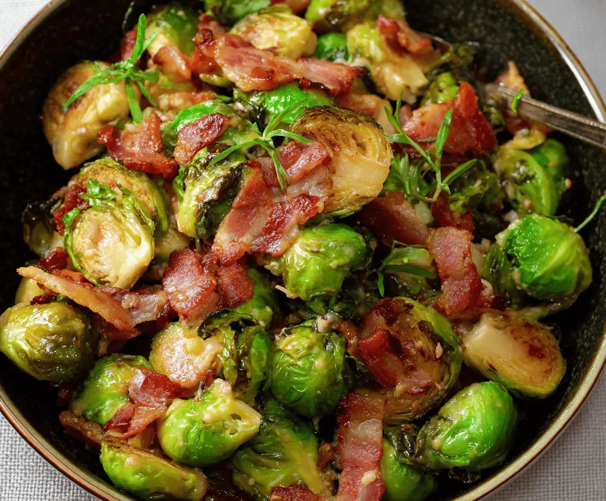 Crispy bacon-wrapped Brussels sprouts roasted to perfection, seasoned with herbs and served as a savory side dish