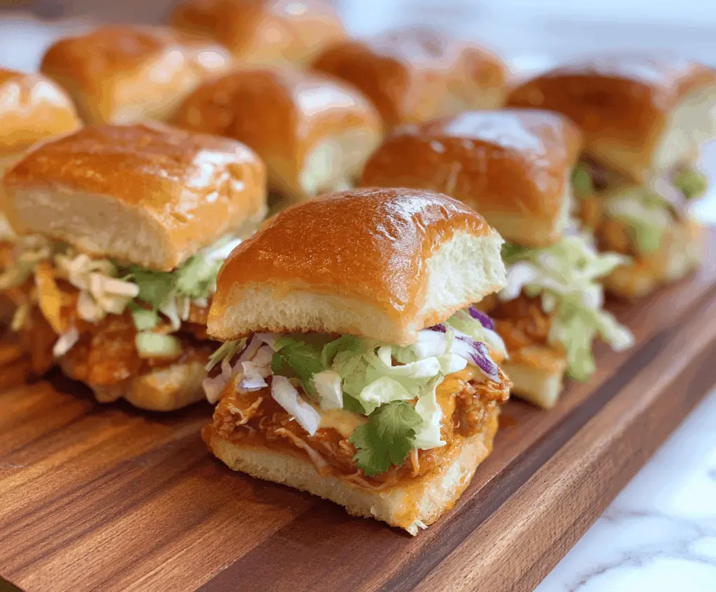Delicious Bang Bang Chicken Sliders topped with creamy spicy sauce, served on soft slider buns for a flavorful appetizer or snack.