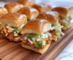Delicious Bang Bang Chicken Sliders topped with creamy spicy sauce, served on soft slider buns for a flavorful appetizer or snack.