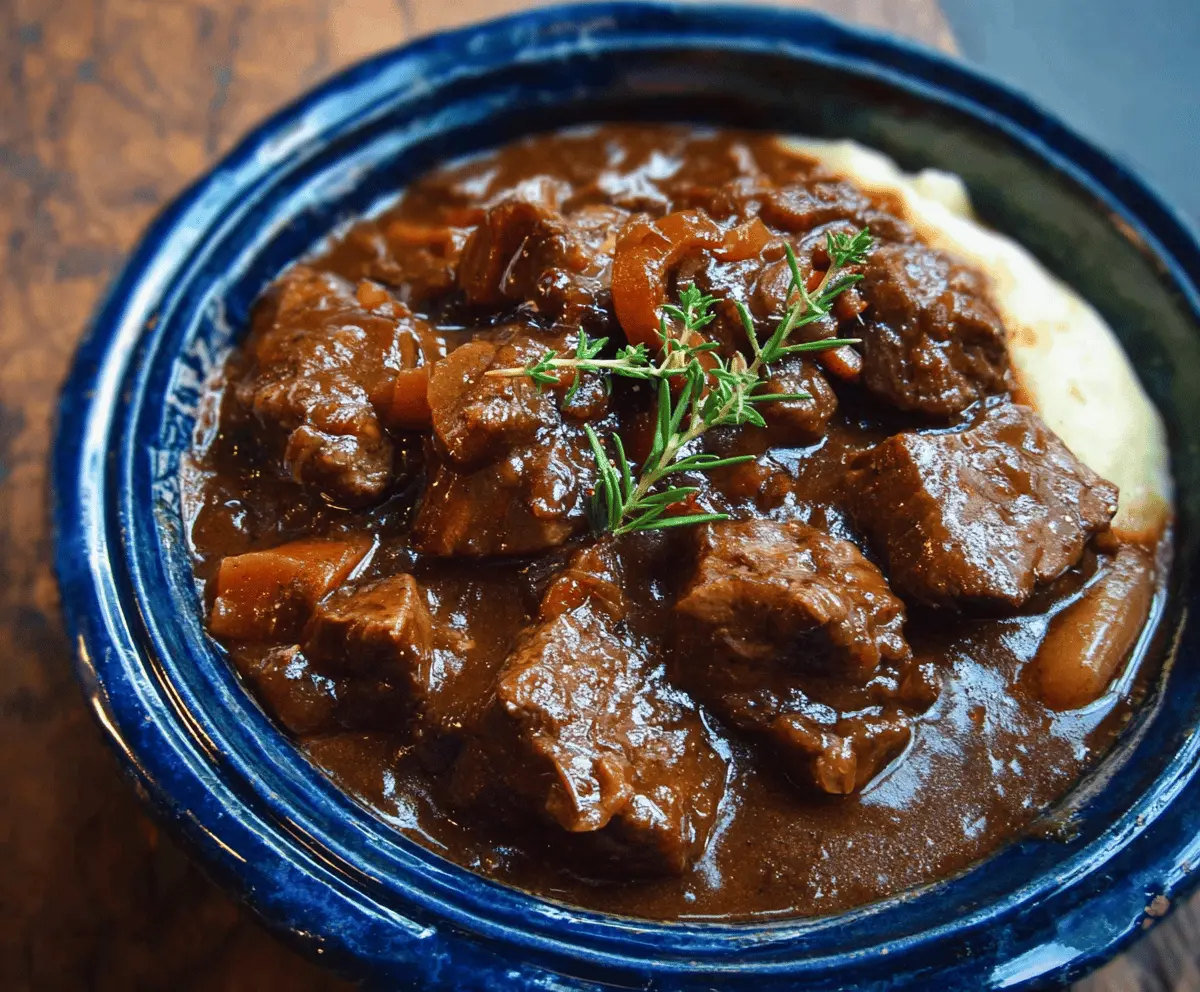 Hearty Beef Carbonnade Stew in a rustic bowl with tender beef, caramelized onions, and rich gravy served with fresh bread