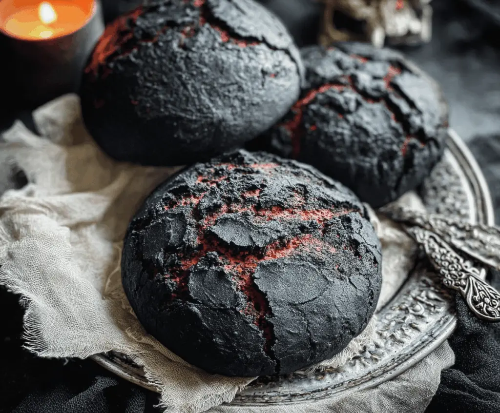 Black Halloween Brimstone Bread with spooky smoky flavor and eerie dark crust, perfect for Halloween celebrations