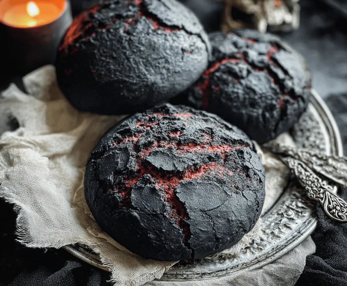 Black Halloween Brimstone Bread with spooky smoky flavor and eerie dark crust, perfect for Halloween celebrations