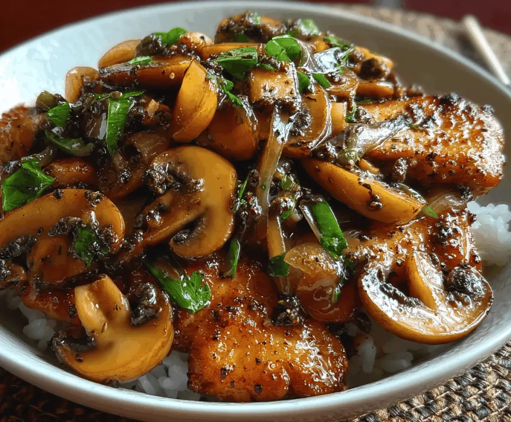 Delicious black pepper chicken with sautéed mushrooms on a plate, perfect for a flavorful Asian stir-fry.