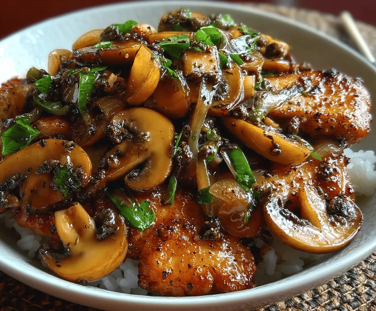 Delicious black pepper chicken with sautéed mushrooms on a plate, perfect for a flavorful Asian stir-fry.