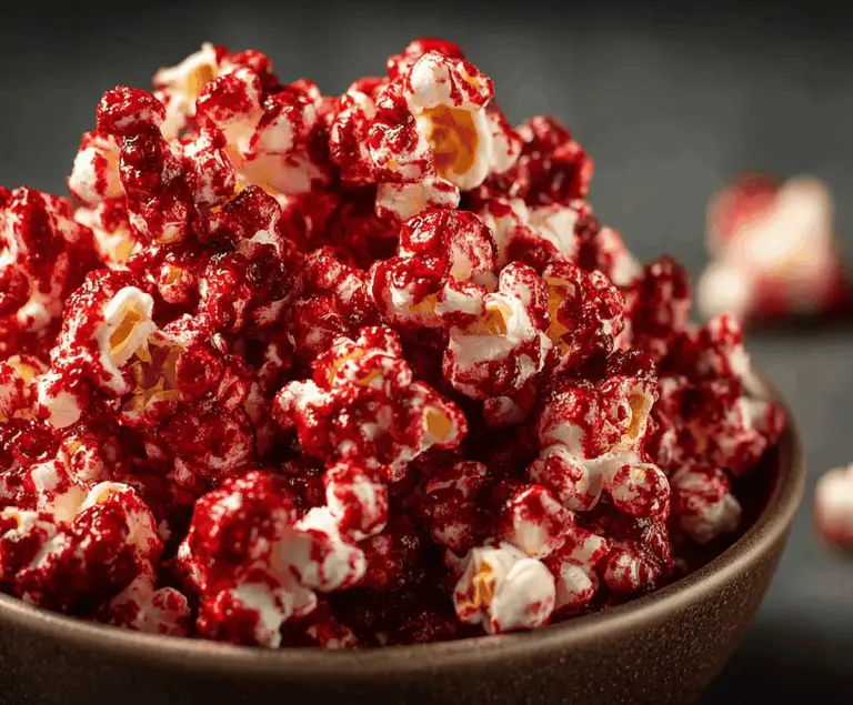 Bright red velvet popcorn topped with creamy frosting and festive sprinkles, perfect for a spooky or holiday-themed treat.