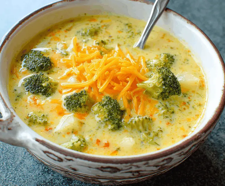 Creamy broccoli, potato, and cheese soup in a bowl topped with fresh herbs, perfect for a cozy meal.