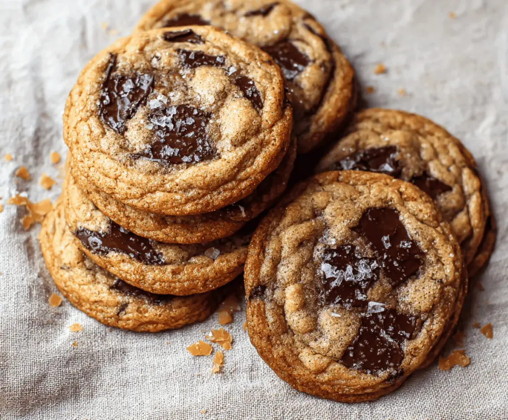 Golden-brown brown butter chocolate chip cookies with melty chocolate chunks on a baking sheet, perfect for sweet treats.