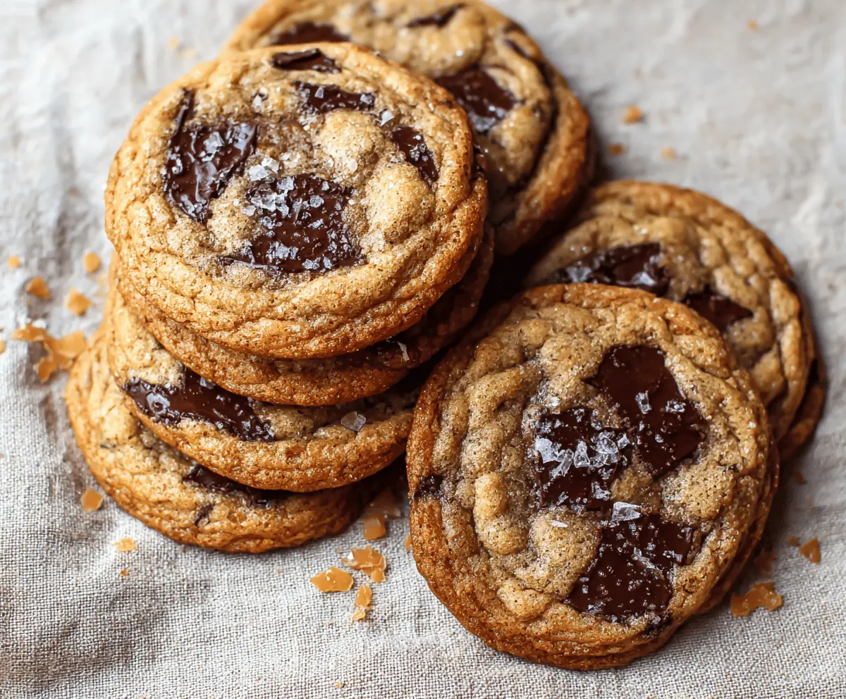 Golden-brown brown butter chocolate chip cookies with melty chocolate chunks on a baking sheet, perfect for sweet treats.