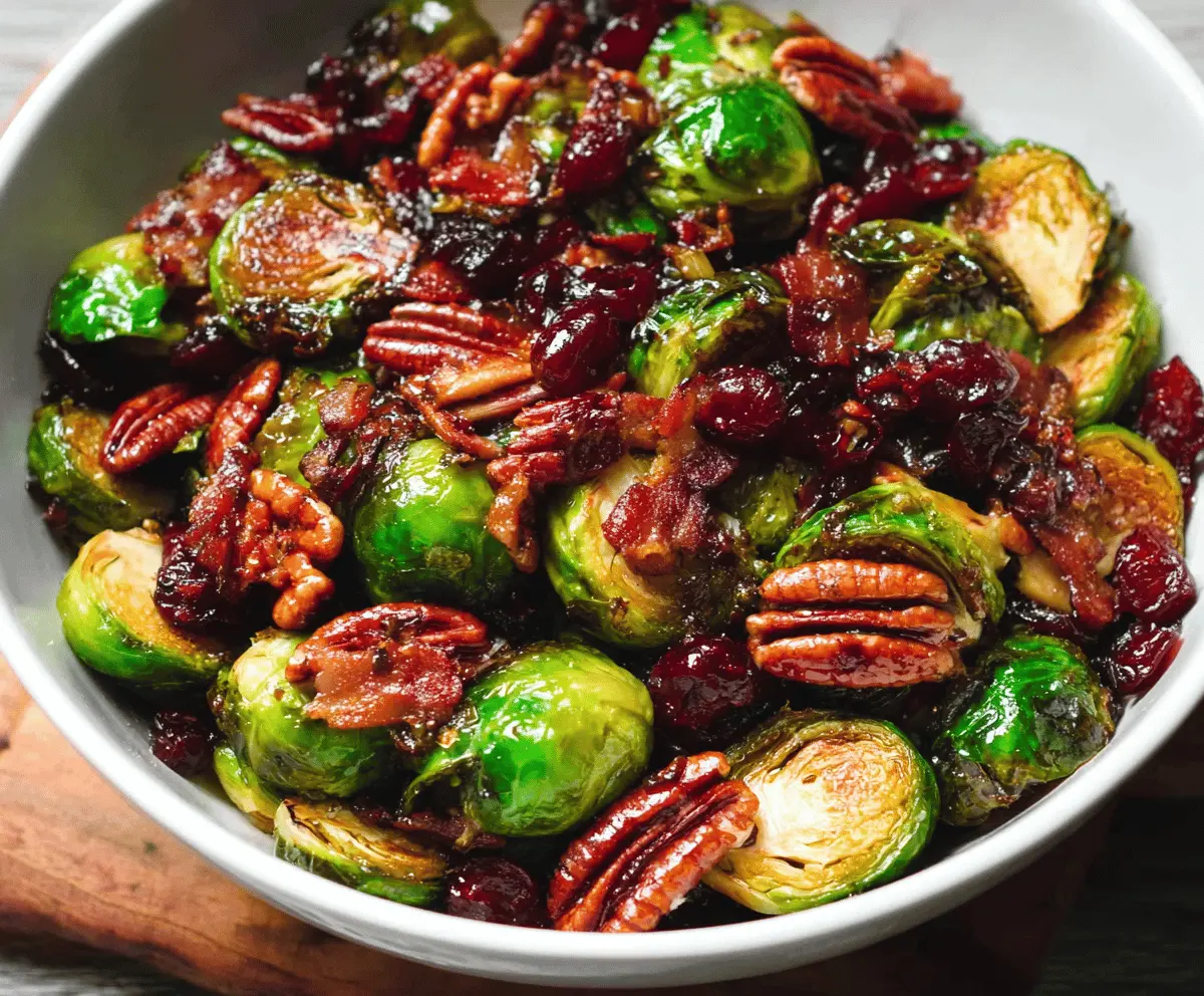 Delicious Brussels sprouts salad with crispy bacon, toasted pecans, tart cranberries, and a glossy balsamic glaze