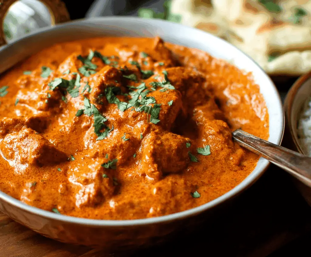 Creamy Butter Chicken served with saffron rice and fresh herbs on a white plate, perfect for a flavorful Indian meal.