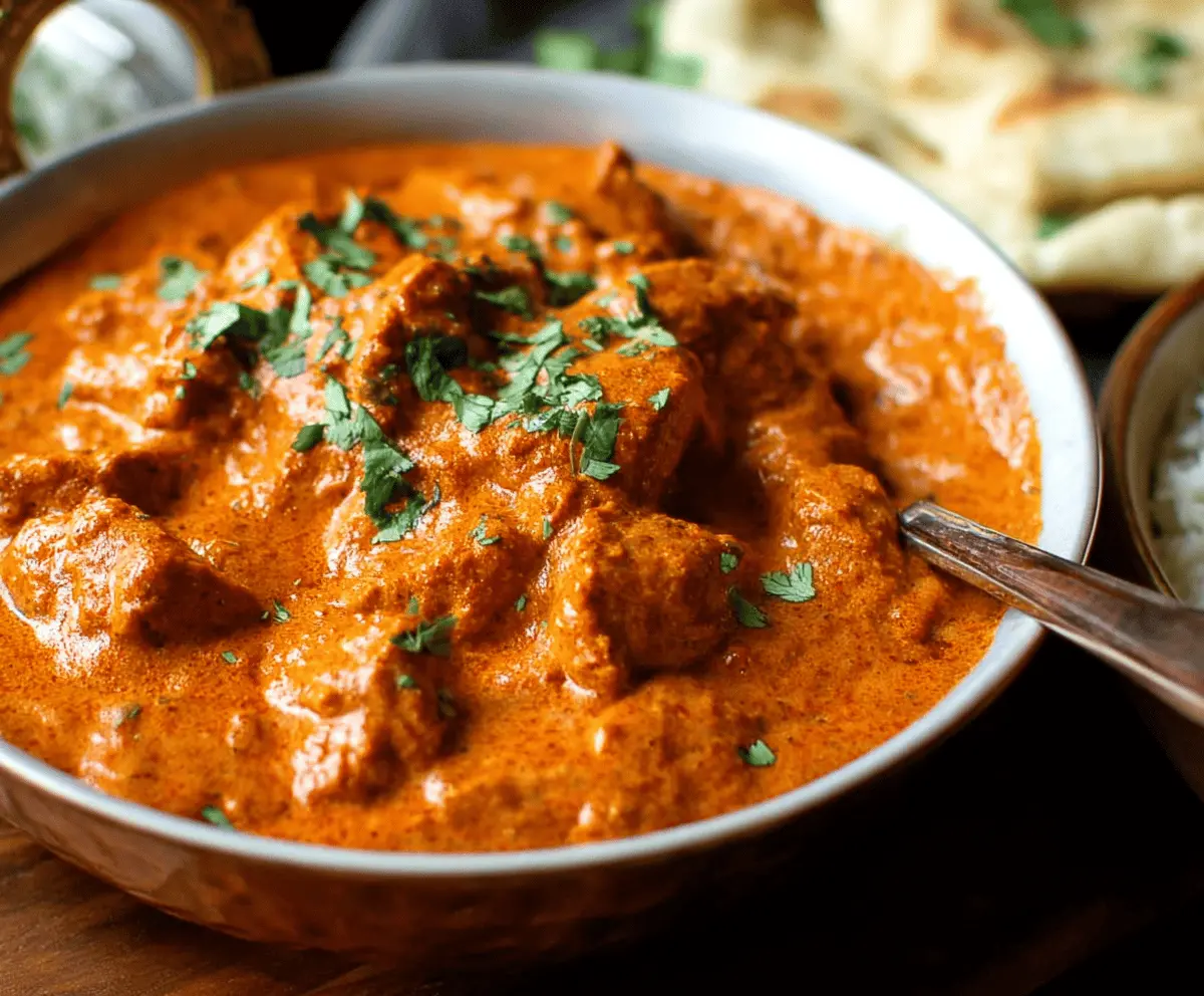 Creamy Butter Chicken served with saffron rice and fresh herbs on a white plate, perfect for a flavorful Indian meal.