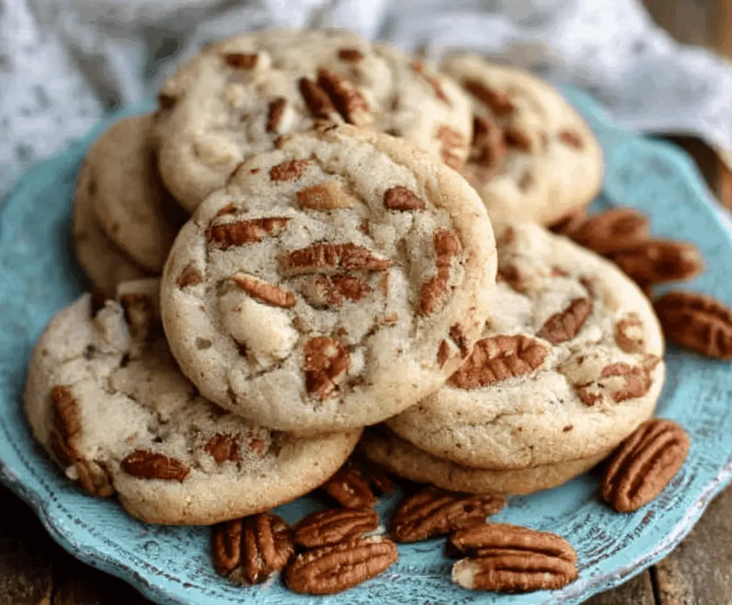 Golden Butter Pecan Cookies with a crispy texture and rich nutty flavor on a rustic wooden surface.