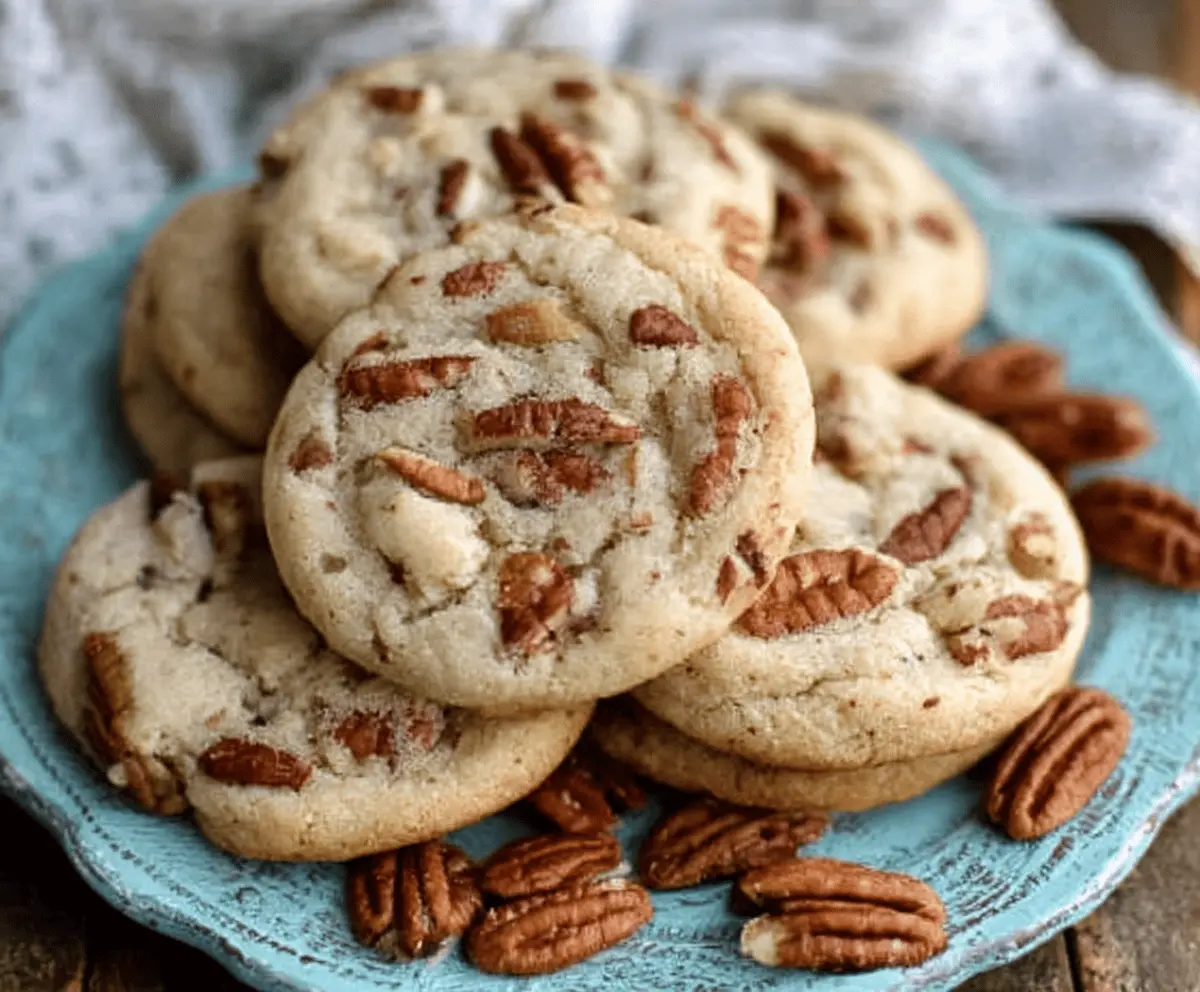 Golden Butter Pecan Cookies with a crispy texture and rich nutty flavor on a rustic wooden surface.