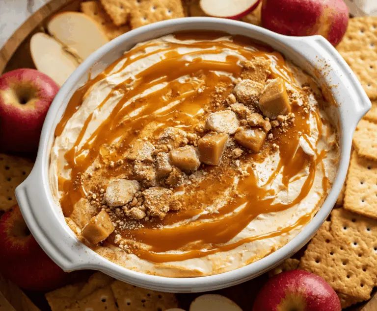 Creamy caramel apple cheesecake dip garnished with apple slices and caramel drizzle, perfect for fall parties and gatherings.